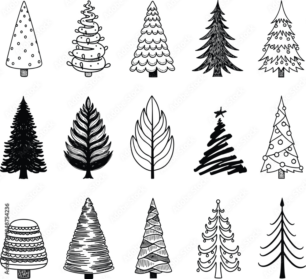 Fototapeta premium Collection of various black and white pine tree illustrations