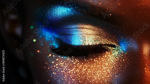 A Stunning CloseUp of Artistic Eye Makeup This piece captures a Fusion of Brilliant Colors and Sparkling Glitter, showcasing beauty and creativity in an aweinspiring way that leaves viewers spellbound