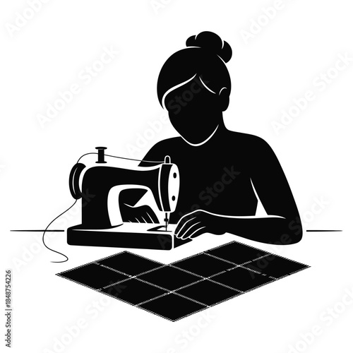 A black silhouette of woman sewing on a machine, crafting textile with precision and skill, illustrating handmade clothing and creative fabric design