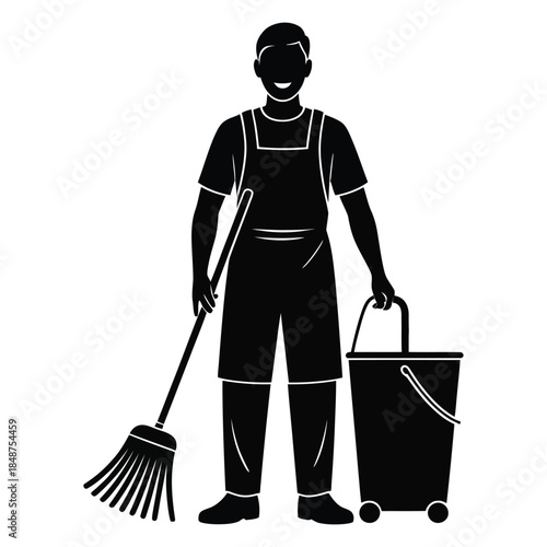 Cleaner man in uniform with broom and bucket black silhouette vector illustration isolated on white background, professional janitor ready for work