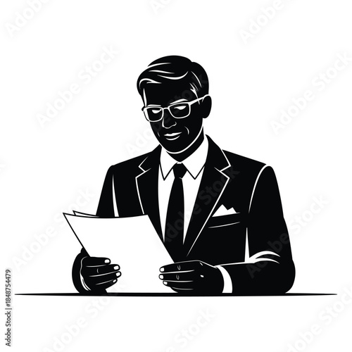 Businessman in suit and glasses reading documents black silhouette vector illustration isolated on white background, professional man reviewing papers