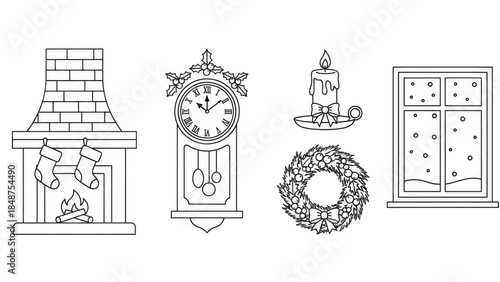 Cozy Christmas elements including a fireplace with stockings, grandfather clock, candle, and snowy window.
