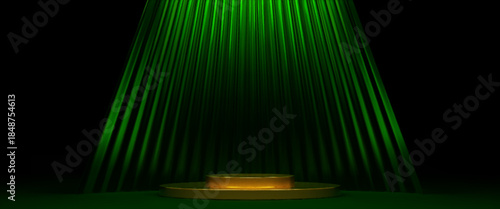 Round golden stage on luxury dark green background. Vector realistic illustration of shiny gold podium with stairs, abstract decoration with light effect, winner award ceremony, product presentation
