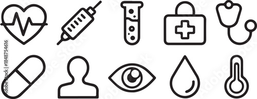 Medical, health care, healthy life, pharmacy, injection, doctor icons set, vector illustration emoticons symbols collection