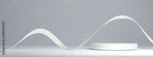 Abstract 3D podium with flowing white ribbon wave on grey backdrop. Elegant platform stage with smooth curved streamer design. Modern minimalist scene for product display or presentation purposes.