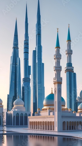 Ramadan Mubarak Mobile Wallpaper Showing a Modern City Skyline Blended with Traditional Mosque Minarets in a Peaceful Spiritual Urban Scene