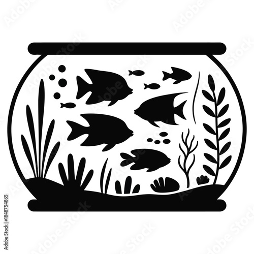Fish tank with tropical fish and aquatic plants black silhouette vector illustration isolated on white background, simple aquarium with small air bubbles