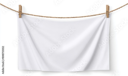 Clean white towel hanging on a clothesline, drying in the sun.