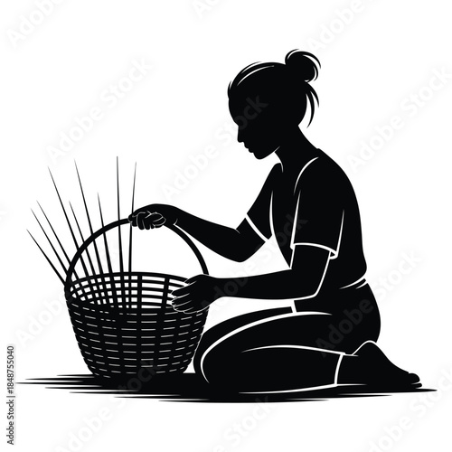 Silhouette of a woman weaving a basket, depicting traditional craft and artistry, showcasing skills in handmade goods, isolated on white background