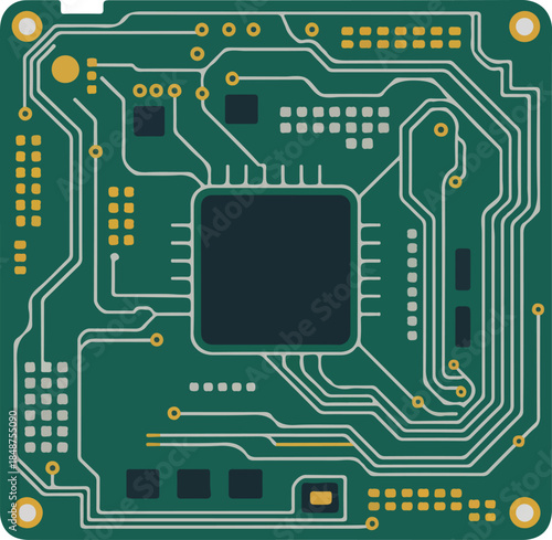 Green Circuit Board Vector Graphic with Central Microchip and Gold Accents Electronic Component