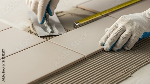 Craftsperson meticulously installing ceramic tiles on floor surface at home
