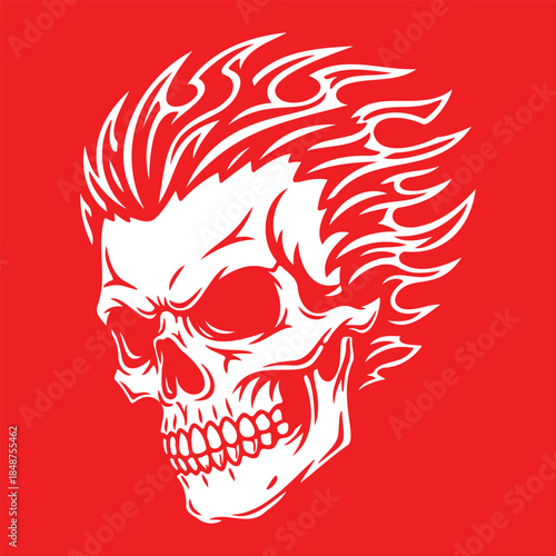 White flaming skull graphic on bright red background