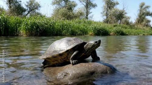 A solitary turtle rests on a rock in a calm river surrounded by lush greenery.