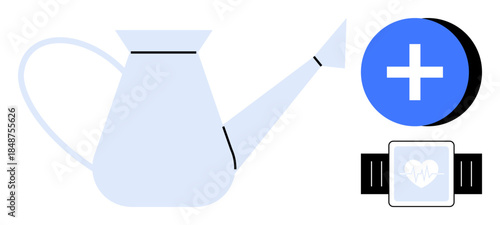Health monitoring concept. Features smartwatch heart rate tracking, healthcare cross icon, and watering can wellness. Health for fitness, healthcare apps, wellness promotion, sustainability