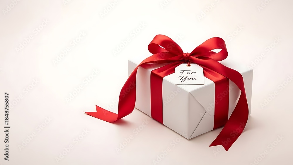 Obraz premium White gift box with red ribbon and tag for you romantic Valentine's Day present surprise celebration