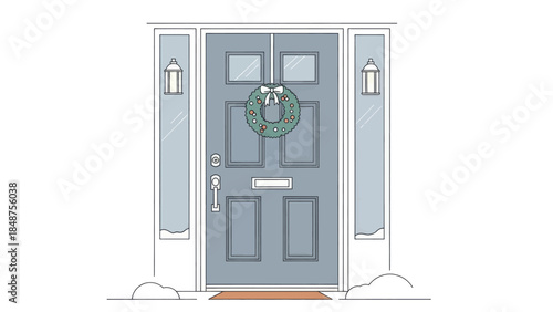 Festive blue front door adorned with a Christmas wreath and surrounded by gentle snowfall.