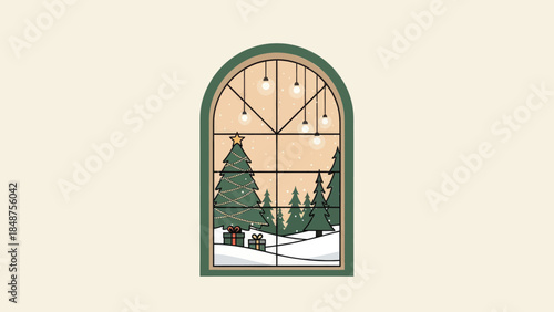 Cozy winter scene with decorated Christmas tree and gifts viewed through an arched window