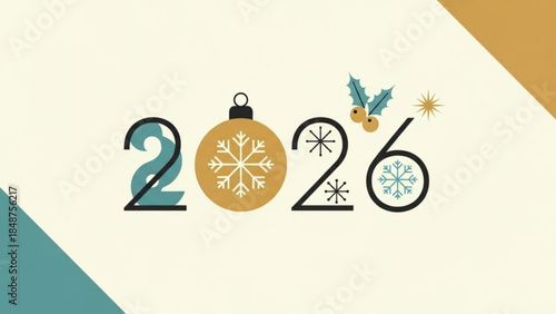 Happy New Year 2026 text with Christmas ornaments and snowflakes festive greeting for holiday season celebration