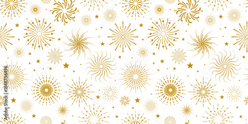 Fireworks, Stars, Sparks Seamless Pattern. Repeating festive background for Christmas, New Year, Birthday prints, posters, fabric, wrapping, banners, wallpaper, greeting cards, covers. Vector
