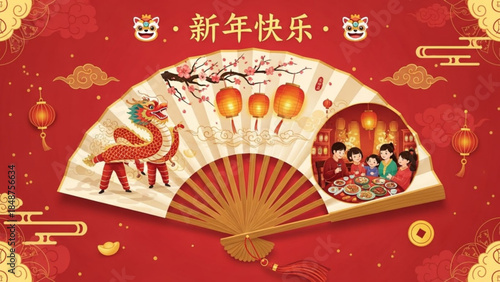 Chinese New Year fan with dragon and family traditional celebration elements festive greeting for Lunar New Year