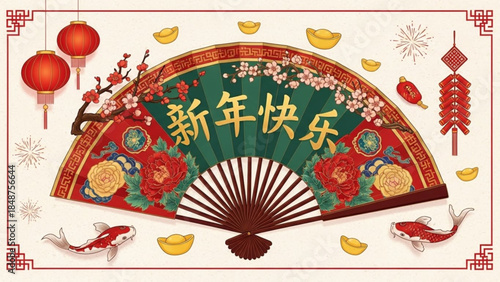 Chinese New Year fan with Happy New Year text decorated with flowers koi fish and gold ingots traditional festive illustration