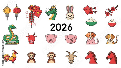 Chinese Zodiac animals and symbols for 2026 flat vector icons for Lunar New Year celebrations and astrology isolated on white