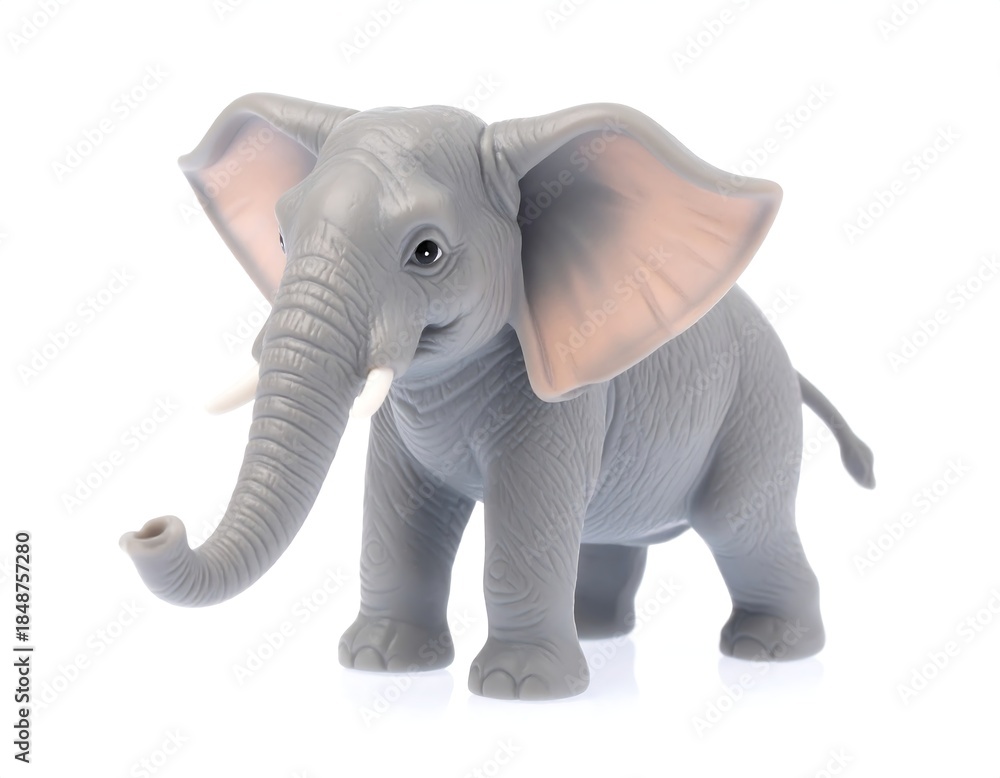 Fototapeta premium Gray plastic elephant figurine with large ears and raised trunk