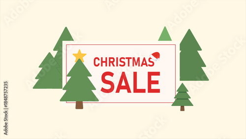 Vibrant Christmas sale sign with festive trees and decorations