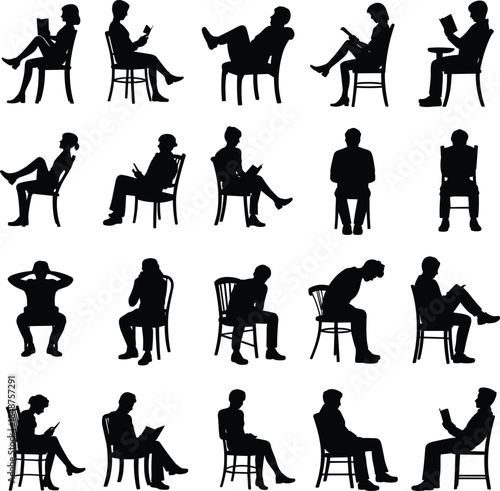 Silhouettes of seated people, reading books, relaxing, thinking, posture study, ergonomic reference, black figures, grid layout, educational concept, illustration