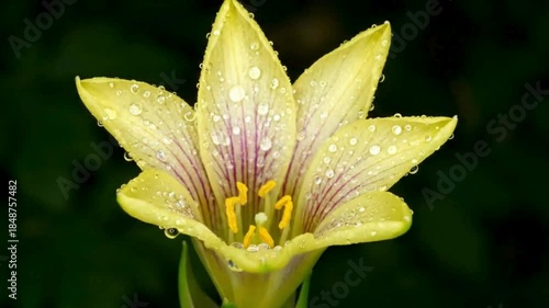 Delicate yellow flower glistening with morning dew drops, a symbol of fresh beginnings.