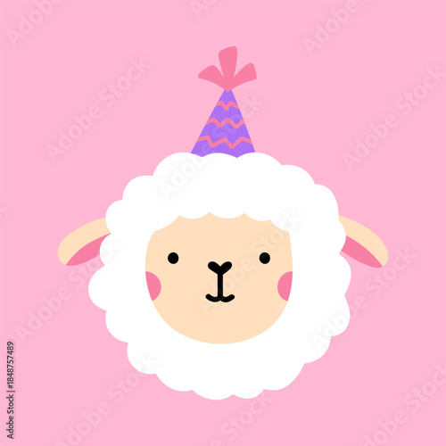 Cute lamb in a festive hat isolated on a pink background. Vector hand-drawn illustration in flat style. Perfect for decorations, holiday and birthday designs, cards, logo.