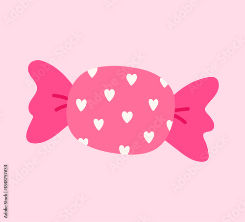 Cute pink wrapped candy. Vector hand-drawn illustration in a flat style. Perfect for decorations, logo, menu, various designs. Sweet food.