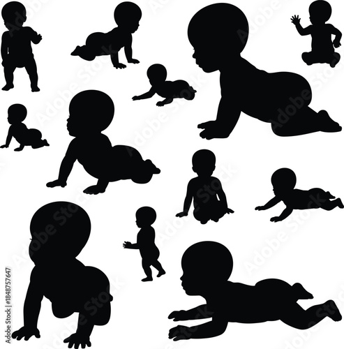 Baby silhouette, crawling infant, toddler movement, child growth, early development, sitting baby, standing pose, infant posture, newborn activity, playful gesture