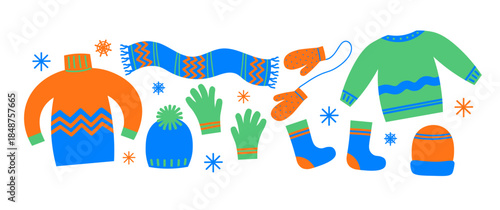 Warm accessories and clothes. Hand drawn flat vector illustration. Drawing doodle with knitted scarf, sweater, socks, cap, gloves, snowflakes. Cosy fashion set in cartoon style. Icons for design