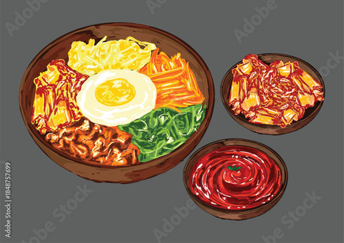 bibimbap bowl with kimchi and gochujang side dish