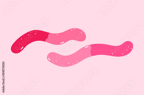 Pink marmalade worms. Vector hand-drawn illustration in a flat style. Perfect for decorations, logo, menu, holiday designs. Sweet food.