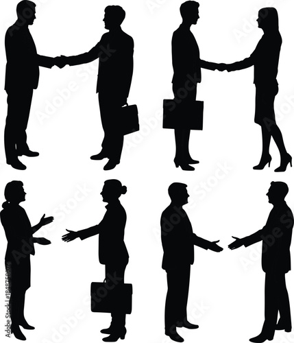Business handshake, corporate greeting, professional meeting, silhouette people, teamwork, partnership, deal agreement, communication, negotiation, collaboration, success, office, briefcase,
