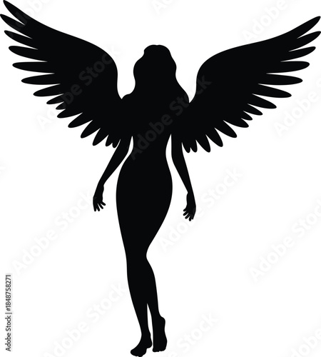 Angel silhouette, winged female figure, black vector art, mythical goddess, fantasy illustration, spiritual icon, elegant pose, dramatic wings, design element