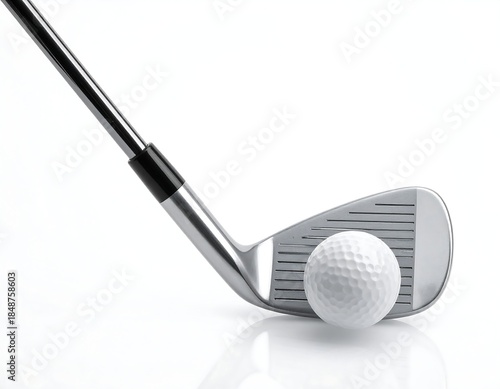 Golf club about to strike a ball, isolated against a white background