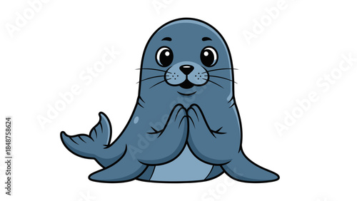 Cute cartoon seal character looking friendly with flippers together on isolated white background