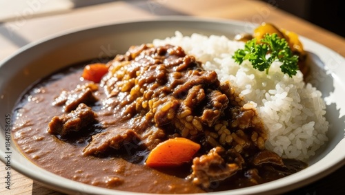 Delicious Beef Curry with Rice and Vegetables.