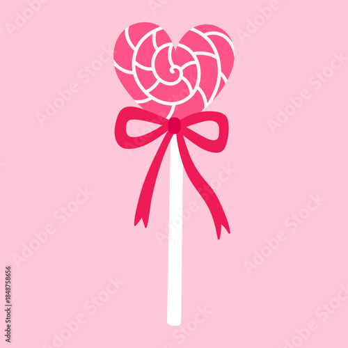 A cute heart-shaped lollipop with a bow. Vector hand-drawn illustration in a flat style. Perfect for decorations, logo, menu, holiday designs. Sweet food.