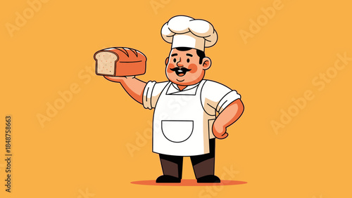 Happy Cartoon Baker Holding a Loaf of Bread and Smiling on a Bright Orange Background