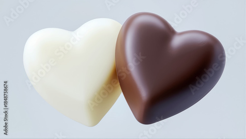 寄り添うハート型のホワイトチョコレートとミルクチョコレートの3Dレンダリング
