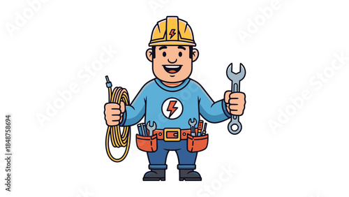 Happy Cartoon Electrician Holding Wires and Wrench on an Isolated White Background