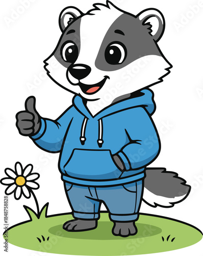 Vector cartoon illustration of a cute, friendly badger character wearing a blue hoodie and jeans, standing on a patch of grass with a daisy and giving a thumbs up gesture.
