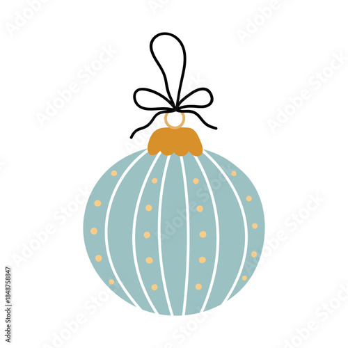 Cute blue Christmas ornament with white stripes and a bow on top. Festive decorative bauble isolated on white. Vector hand-drawn flat illustration. Perfect for holiday and season designs, cards.