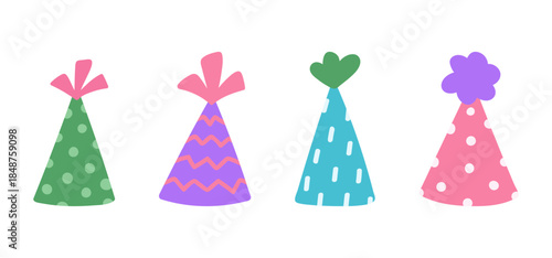 A set of birthday party hats isolated on a white background. Vector hand-drawn illustration in flat style. Perfect for decorations, holiday designs, cards, logo