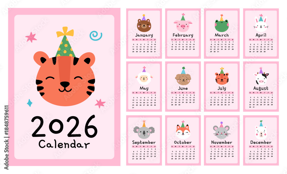 Obraz premium Cute children's calendar for 2026, week starts on Sunday.Vertical annual calendar template with cover and 12 month pages.Perfect for kids nursery, home decor.Kawaii design with animals in holiday hats
