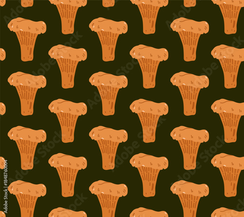 Seamless nature-themed pattern with chanterelles on a dark background. Vector hand-drawn illustration in a flat style. Ideal for wallpaper, wrapping paper, textiles. Botanical print with mushrooms.